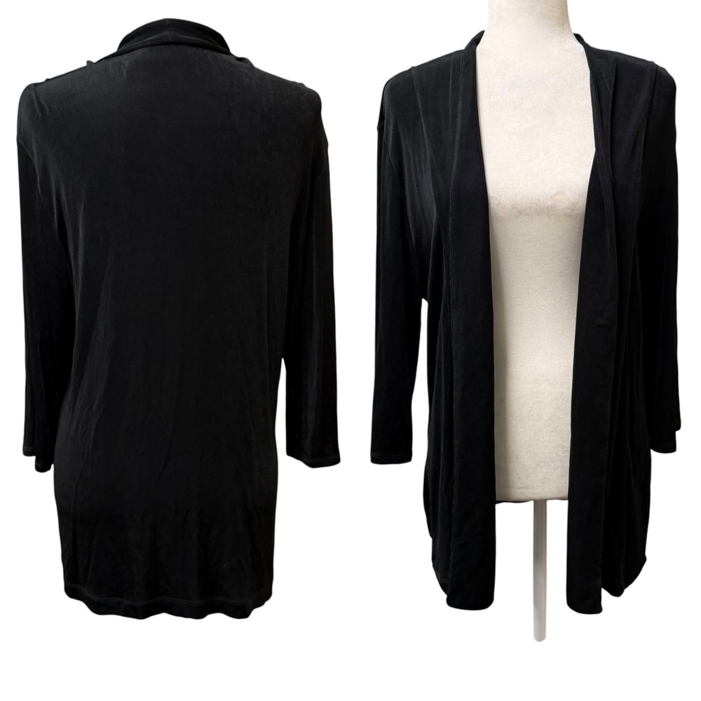 Chico's Travelers Tunic Cardigan Women Size 2 L Black Open Front Ribbed Pockets